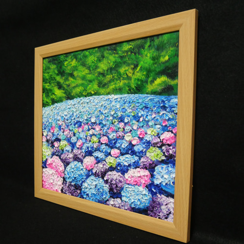 原画】雨雫が奏でる色彩のワルツ＊紫陽花（アジサイ）の油絵 絵画 額縁