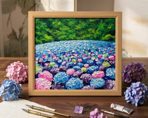 原画】雨雫が奏でる色彩のワルツ＊紫陽花（アジサイ）の油絵 絵画 額縁