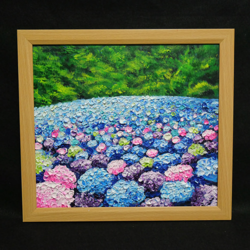 原画】雨雫が奏でる色彩のワルツ＊紫陽花（アジサイ）の油絵 絵画 額縁