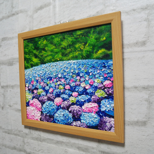 原画】雨雫が奏でる色彩のワルツ＊紫陽花（アジサイ）の油絵 絵画 額縁