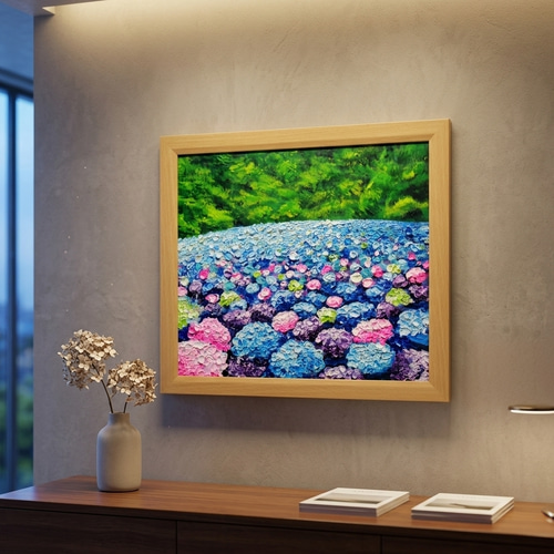 原画】雨雫が奏でる色彩のワルツ＊紫陽花（アジサイ）の油絵 絵画 額縁