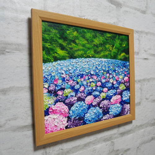 原画】雨雫が奏でる色彩のワルツ＊紫陽花（アジサイ）の油絵 絵画 額縁