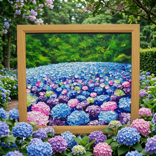 原画】雨雫が奏でる色彩のワルツ＊紫陽花（アジサイ）の油絵 絵画 額縁