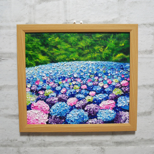原画】雨雫が奏でる色彩のワルツ＊紫陽花（アジサイ）の油絵 絵画 額縁