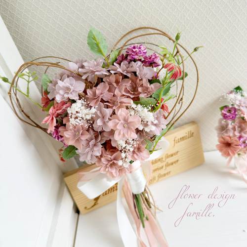 再販♡ハート型プリンセスリースブーケ&ブートニア♡大人可愛いくすみ  
