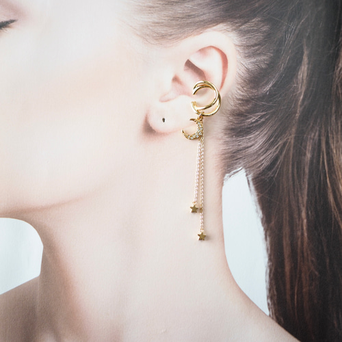 █結月★イヤリング ロングチェーンニッケルフリーイヤーカフ／月・星 イヤーカフ mintylei