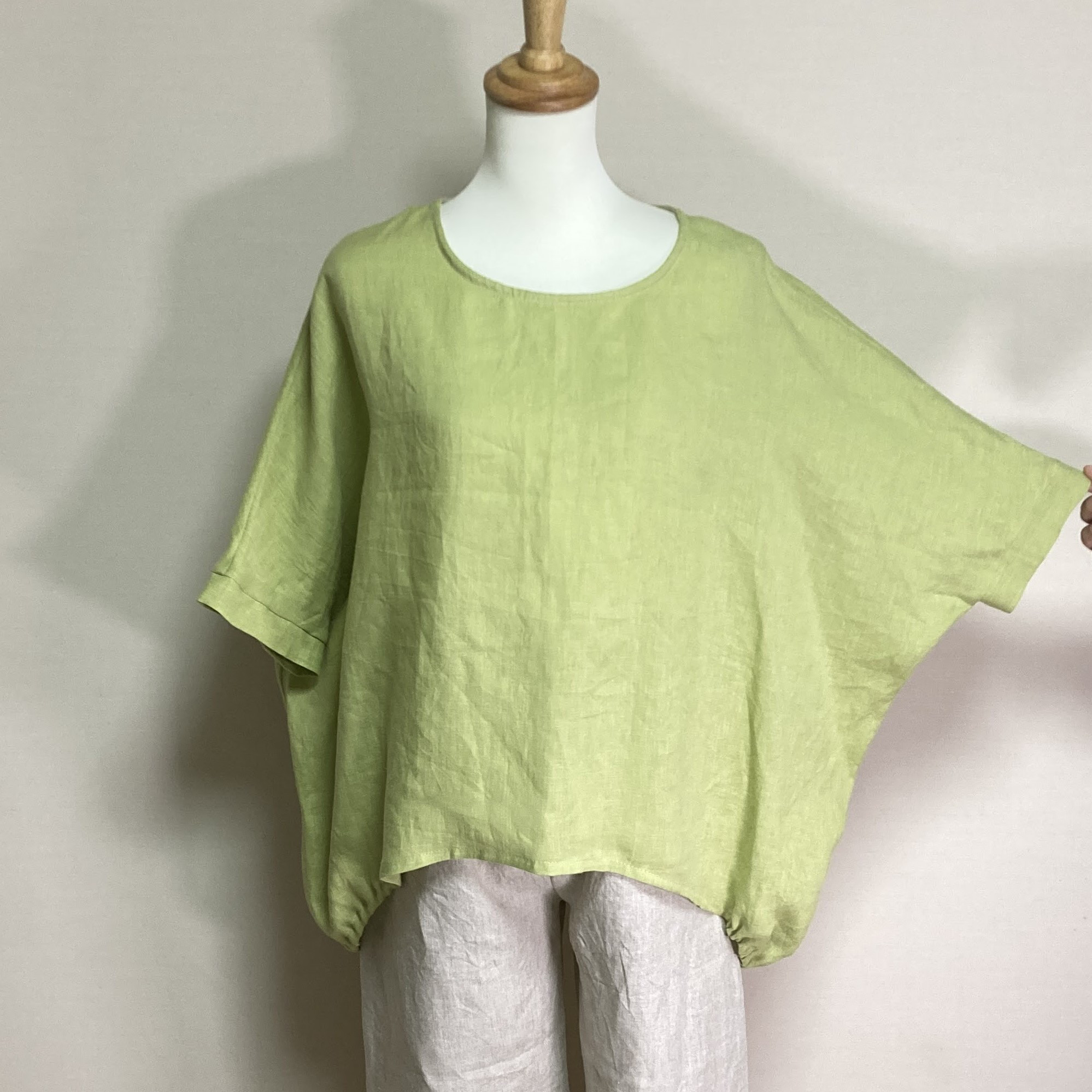 バルーンプルオーバー◆【ナチュラルリネン　ライト】◆ライム◆フリーサイズ（リネン100％）