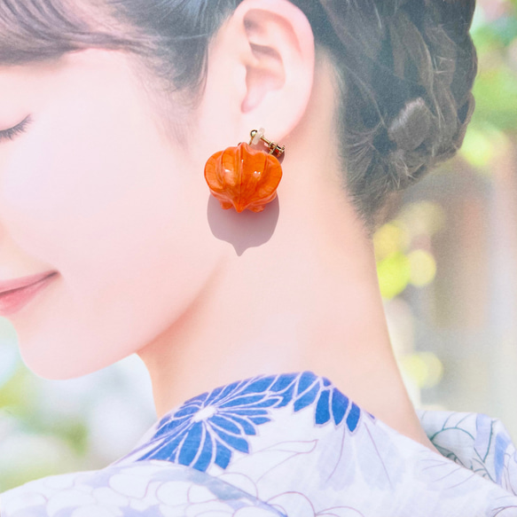 橙 本物の鬼灯(ほおずき)イヤリング ※ピアスに変更可能 イヤリング 