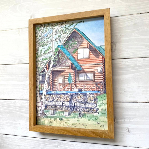 安曇野のログハウス』アート ポスター 風景画 木 絵 絵画 ペン