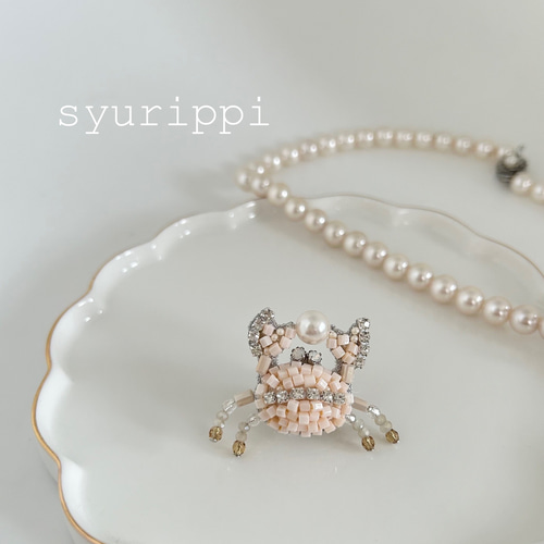 海の生き物シリーズ♡カニのビーズ刺繍ブローチ ブローチ beads
