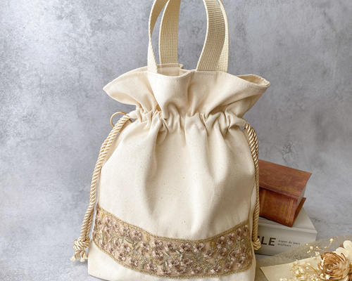 インド刺繍リボン】ハンドメイド 巾着 バック トートバッグ うり