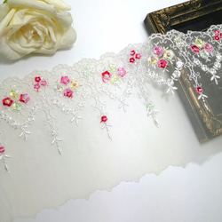 S81★端ケミカルチュール★銀糸キラキラ薔薇✿刺繍レース★ハンドメイドマスク 1m 銀糸入りキラキラ ケミカルレース端 刺繍チュールレース