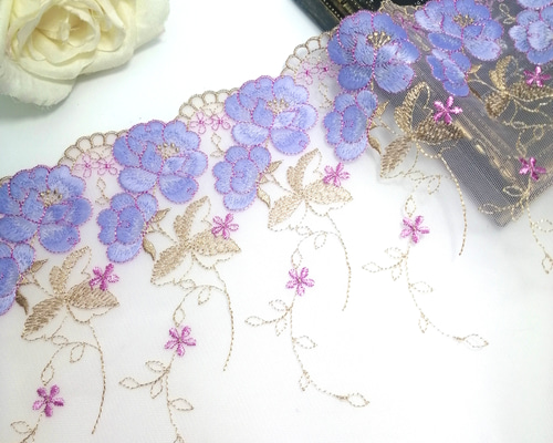2m 紫 花柄 フラワー チュールレース ハンドメイド 生地 手芸 素材
