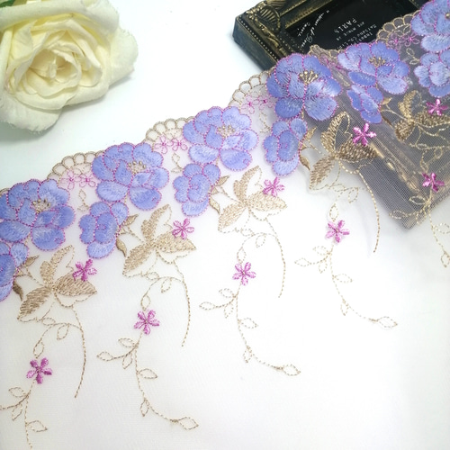 2m 紫 花柄 フラワー チュールレース ハンドメイド 生地 手芸 素材