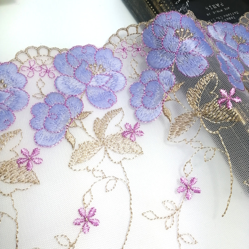 2m 紫 花柄 フラワー チュールレース ハンドメイド 生地 手芸 素材