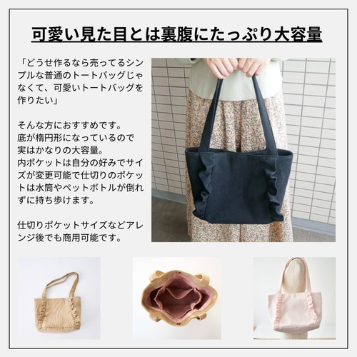 新品未使用 フリルトートバッグ リボン付き収納ボックス セット売り 型紙 縫い代付き フリルミニトート バッグの型紙 10-003 商用