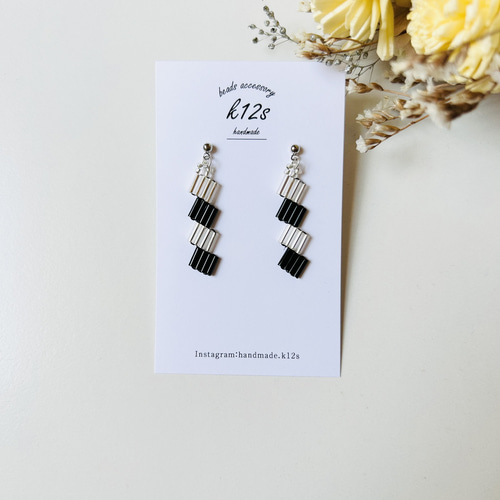 竹ビーズ シルバー×ブラック スクエア ビーズ ピアス /イヤリング