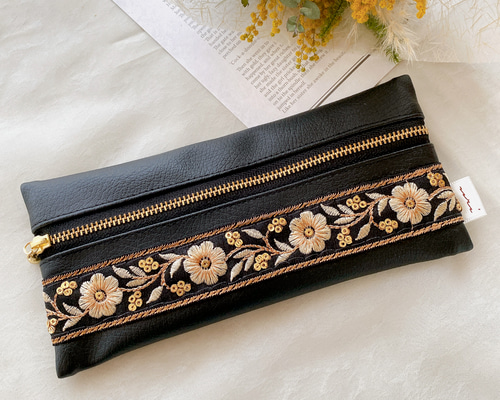 クォーツ　no.384 no.383 牛革ペンケース　インド刺繍リボン fd21760425b033e47d0808a9fe3fc6