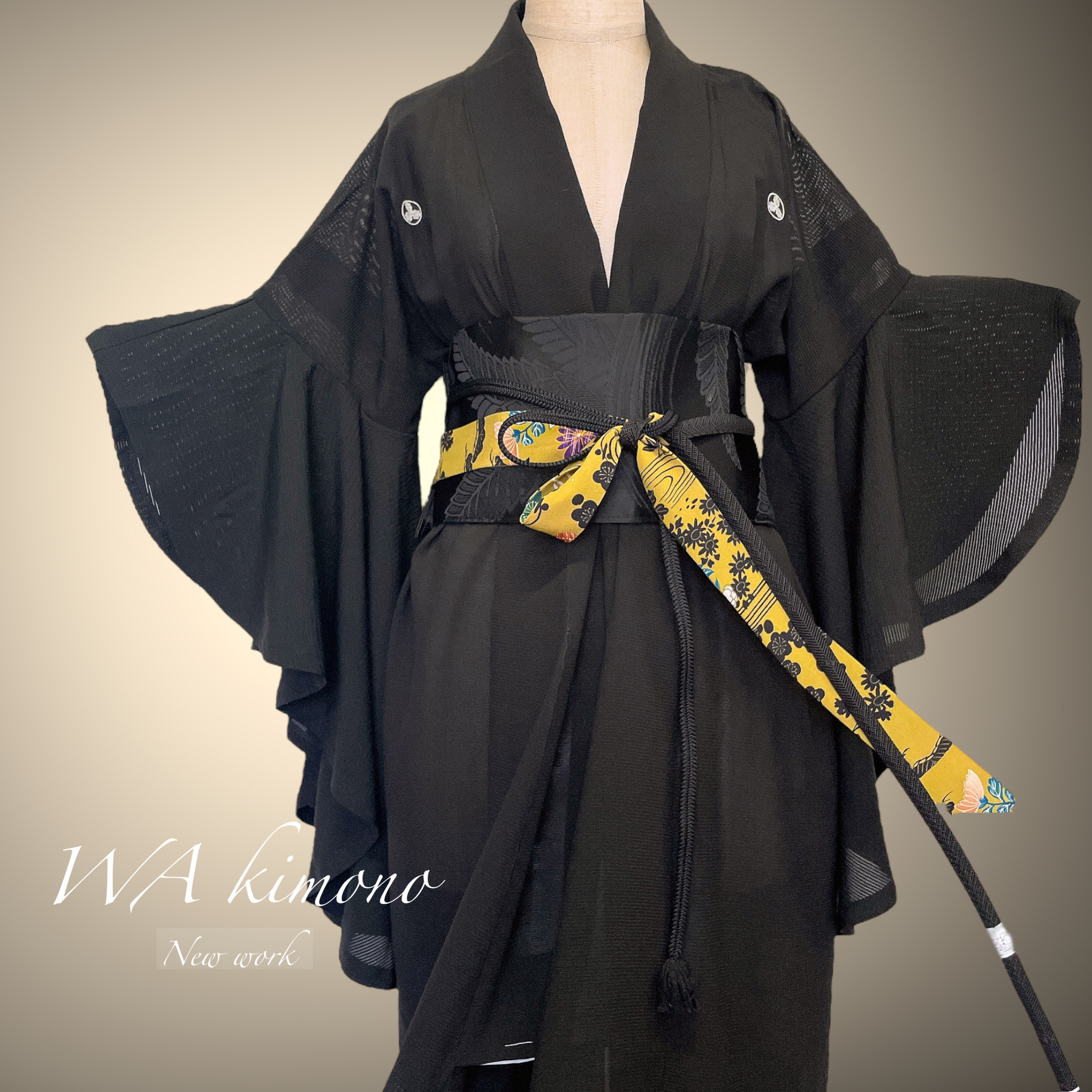 サッシュベルト Ｗ65〜95cm 波紋様 着物リメイク J70304 帯 黒