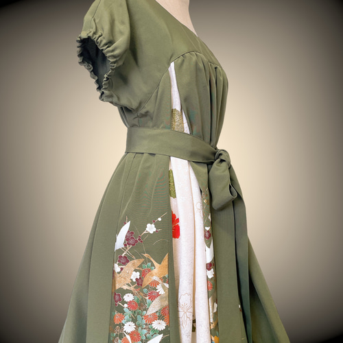 小紋　ギャザーワンピース　絹　着物リメイク　結婚式　パーティ　発表会　食事会 ガール GIRL オーガンジー切り替えギャザースリーブフレアロング丈