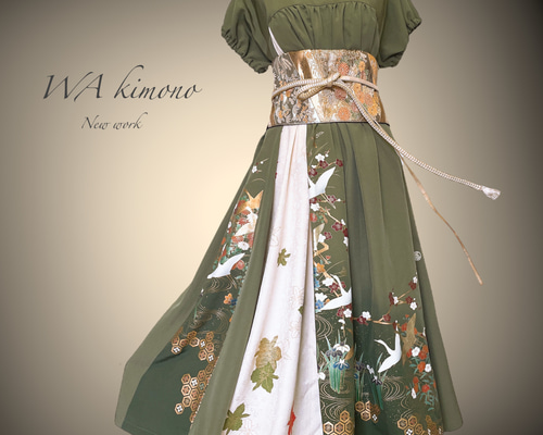 アクセントカラー ギャザーワンピース リボン フォーマル 着物リメイク