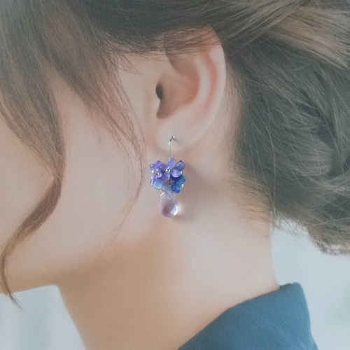 紫陽花ピアス・イヤリング 朝露・夜露 ピアス（フック・チェーン 