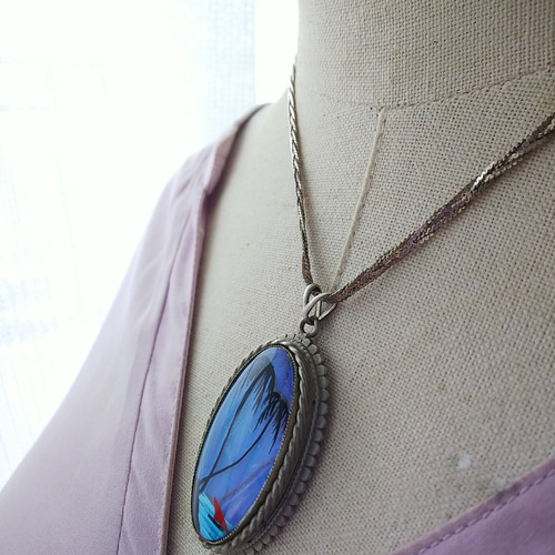 ヴィンテージ モルフォ蝶・ヤシの木（約49×28㎜）アンティークSilver