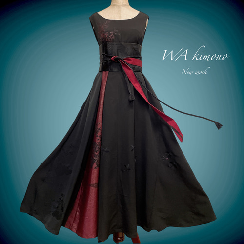 サッシュベルト 赤リボン 帯ベルト 帯リメイク 着物リメイク 太ベルト