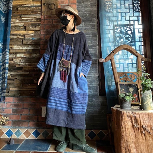 アンティーク調 古布パッチワーク ロングワンピース ハンドメイド 九分