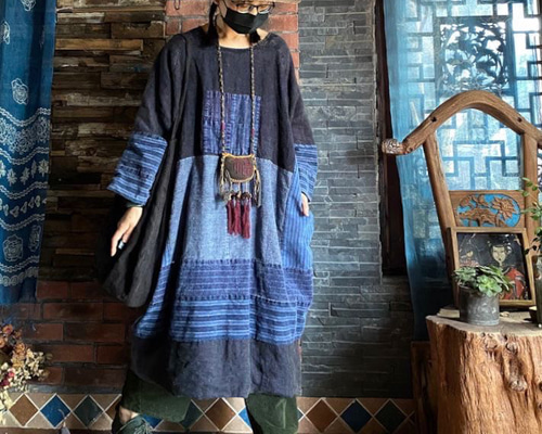 ヴィンテージ風　古布パッチワーク　刺し子　前開き　ロングコートワンピース fd5aa88bae0ca3603785b59484d225