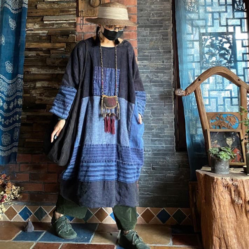 古布 藍染 型押 格子パッチワーク当て布沢山 ワンピース 古布 藍染 型押 格子パッチワーク当て布沢山 ワンピース ファッション