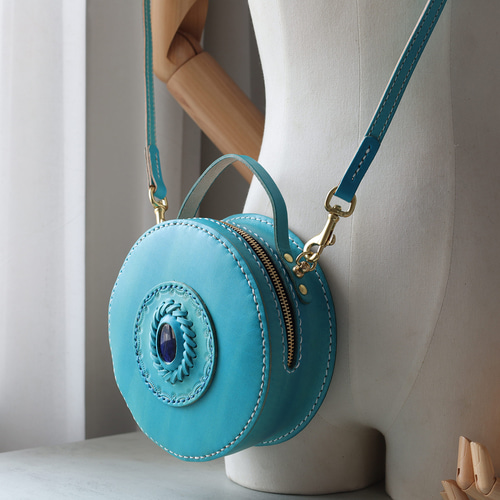 天然石×革の組み合わせ」まんまるショルダーポシェット 夏バッグ