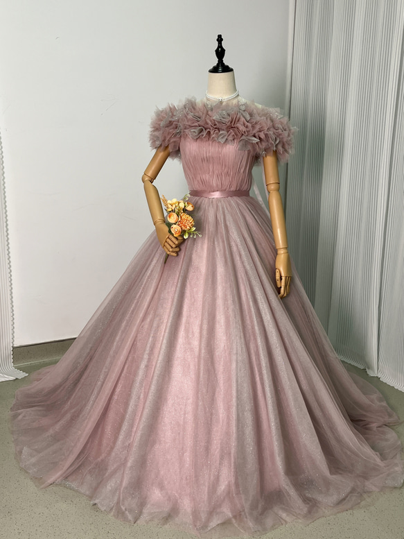 送料無料！カラードレス 取り外しオフショル ピンク キラキラ  