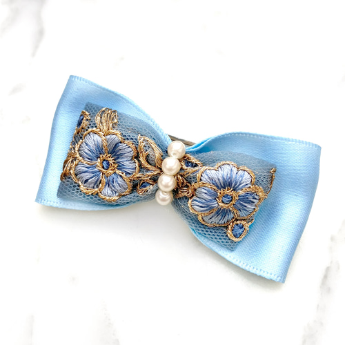 ブルーリボン バレッタ インド刺繍 パール 髪留め 髪飾り ヘア