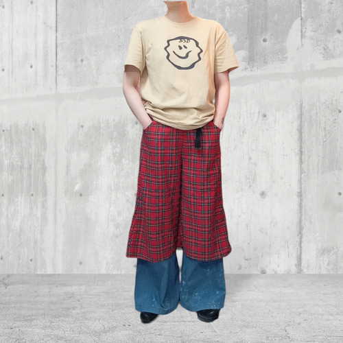 タータンチェック ワイドハーフパンツ:red ハーフパンツ Hand Made