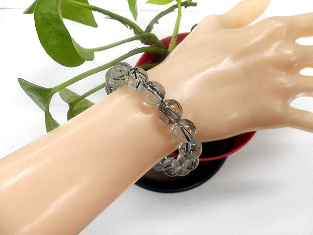 天然石 黒針ルチルクォーツ11.9mm～12.4mm玉ブレスレット 内周：約18.5cm 　　240101530