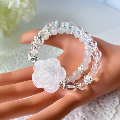 水晶 バラ 2連ブレスレット 】‪‪❤︎‬送料無料‪‪❤︎‬天然石 デザイン‬‬
