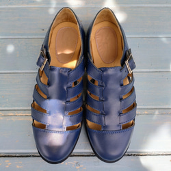 【美品】SHETLANDFOX グルカサンダル ネイビー レザー 7.5 高級感 無料サイズ調整☆新色ネイビー☆グルカサンダル☆外反母趾対応☆幅広