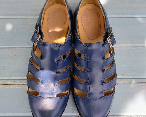 【美品】SHETLANDFOX グルカサンダル ネイビー レザー 7.5 高級感 無料サイズ調整☆新色ネイビー☆グルカサンダル☆外反母趾対応☆幅広