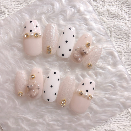 ネイルチップ ドット くま 韓国 フレンチガーリー マグネットネイル  