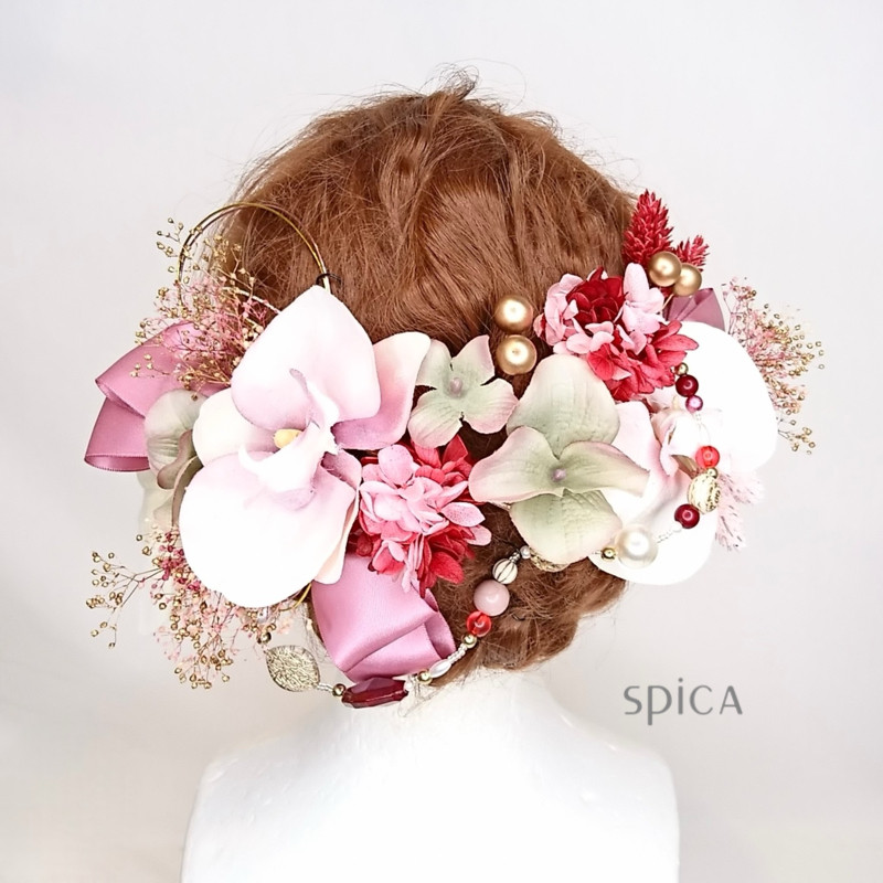 【一点限定】胡蝶蘭とプリザ紫陽花とビーズのヘッドドレス  成人式 卒業式 打掛 袴 和装 髪飾り ピンク 上品 蘭 白