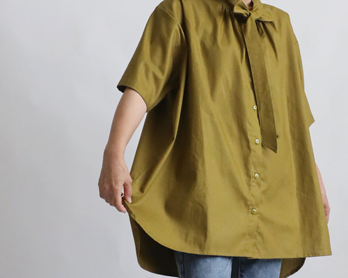 最終ＳＡＬＥ　ギマ擬麻コットン　ボウタイ　リボンタイ　燕尾裾　ブラウス　シャツ　前開き　羽織　長袖　モスグリーン　U43 最終SALE ギマ擬麻コットン ボウタイ リボンタイ 燕尾裾