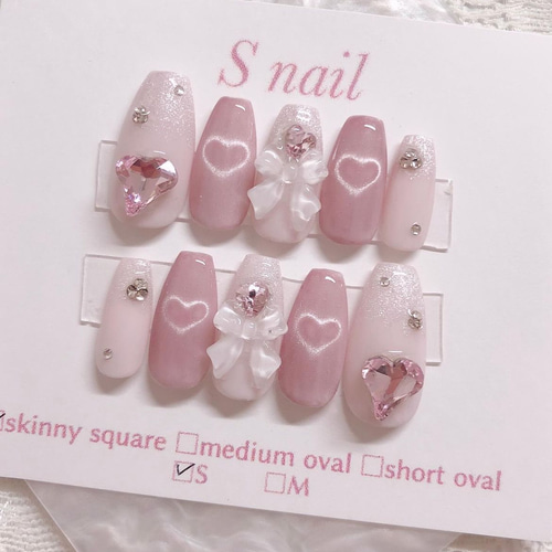 ネイルチップ ピンク ハートマグネットネイル ビジュー リボン 韓国  