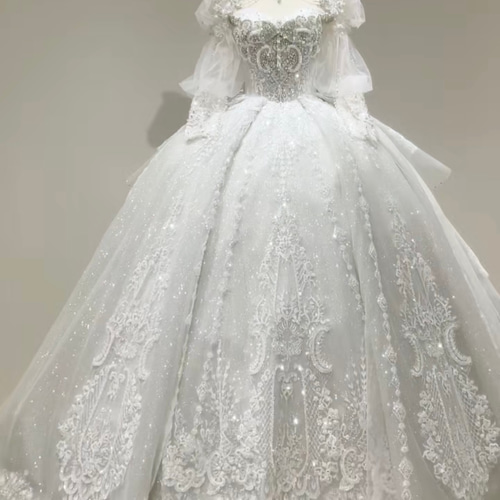 史上最強セール！韓国風ウェディングドレス シースルー袖 きらきら