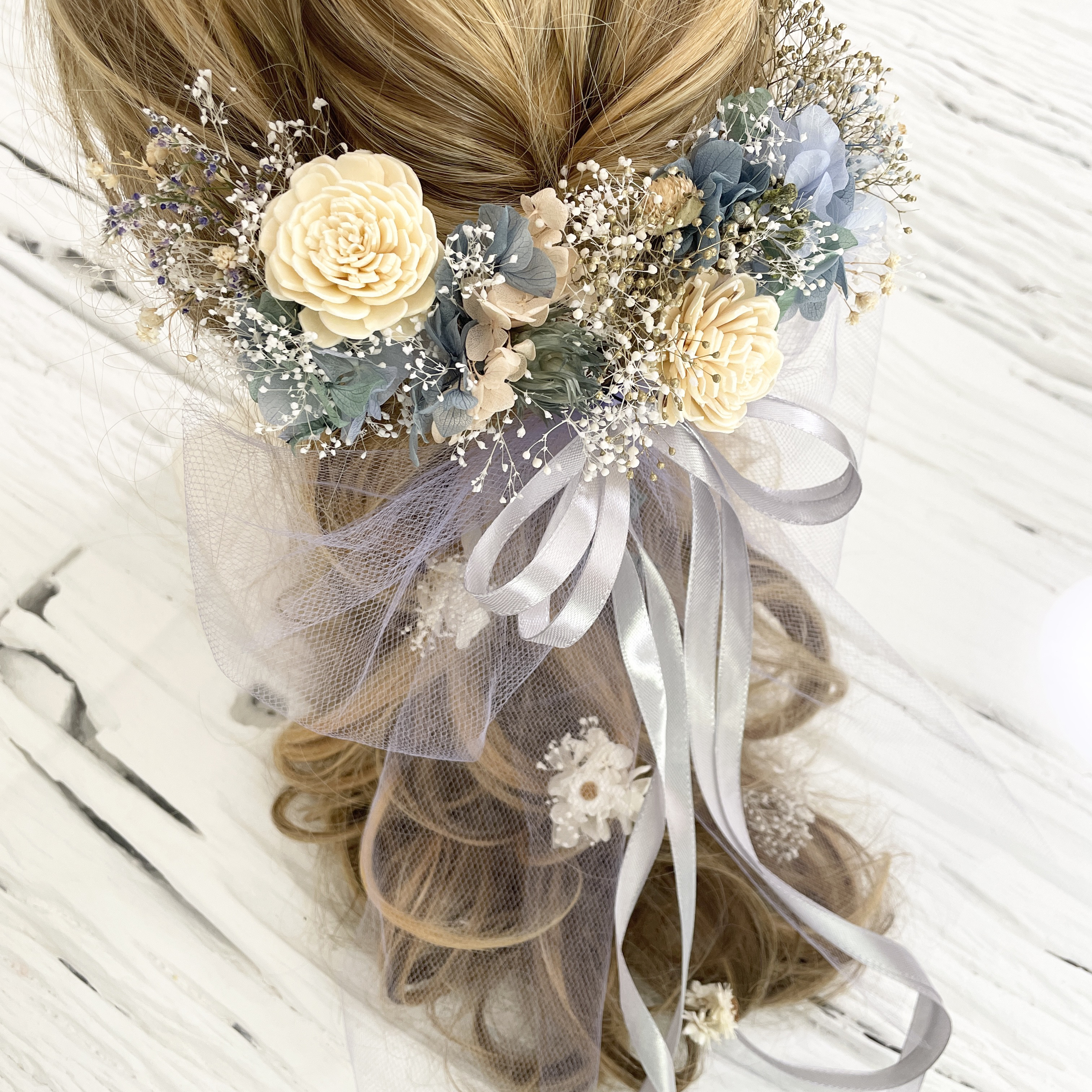 ブーケの様な髪飾り　ヘッドドレス　グレー　アンテークブルー