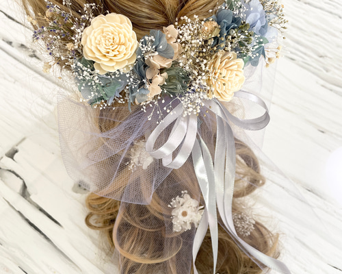 ブーケの様な髪飾り ヘッドドレス グレー アンテークブルー ヘッド