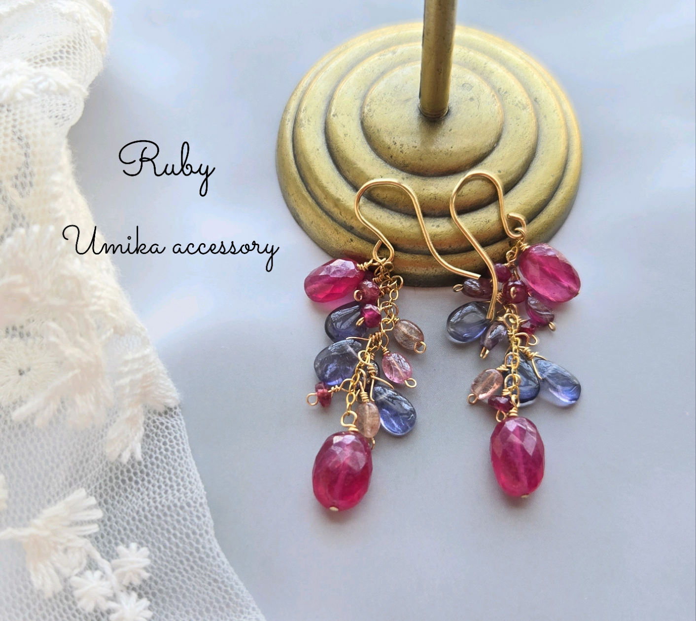 ルビー　アイオライト　マルチカラースピネル、シャラシャラピアス14kgf　７月誕生石