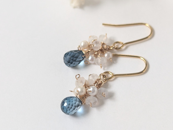 14kgf 宝石質ロンドンブルートパーズのピアス 淡水パール