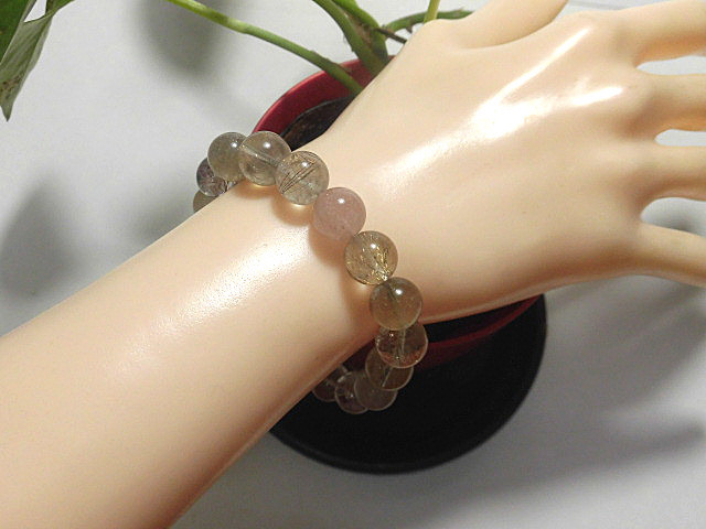 天然石 ルチルクォーツ10.9mm～11.5mm玉ブレスレット 内周18.3cm 　　240101539