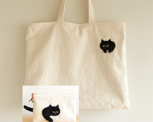 猫まっしぐら　トートバッグ　ハンドメイド　ブラック　ベルト付き 1_202efd593d503d21cc3b8d646d5e